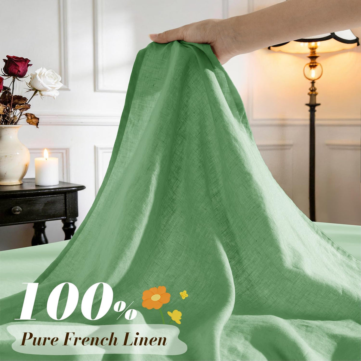SONORO KATE 100% French Pure Linen Sheets, Breathable and Durable Linen King Size Sheets, Anti-Tear Linen Bed Sheets, Machine Washable, 16 Inch Deep Pocket - 4 Piece (Green, King)