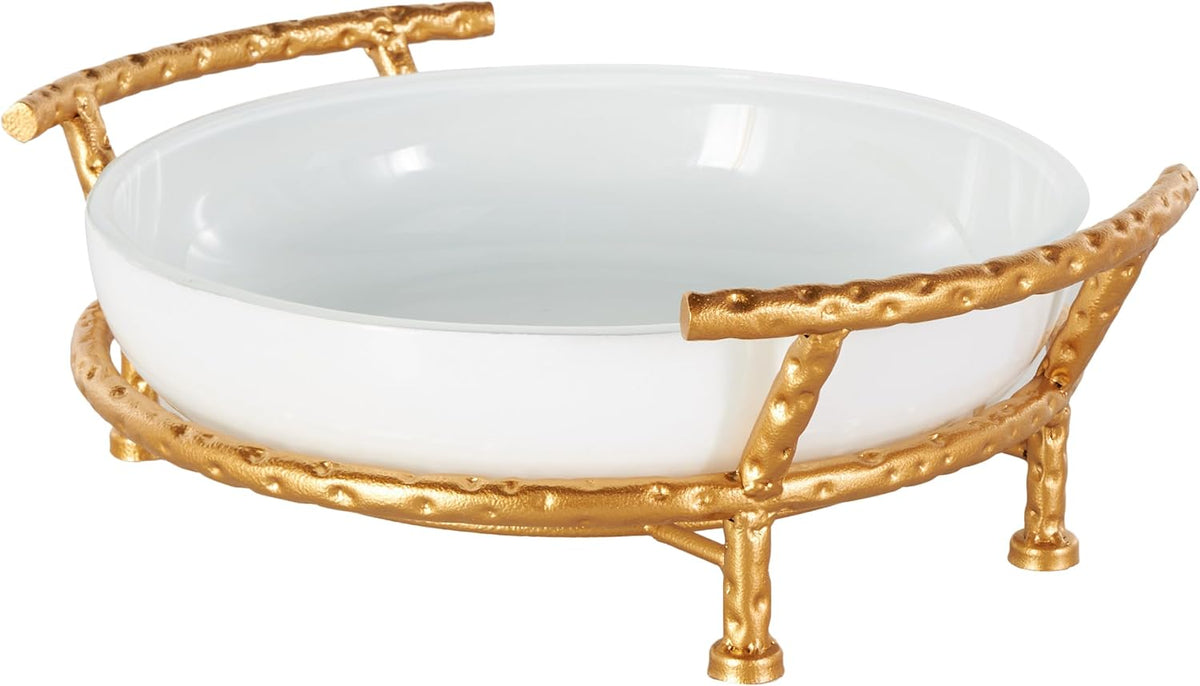 Deco 79 Tempered Glass Kitchen Serving Bowl with Gold Metal Stand, 15' x 12' x 5', White