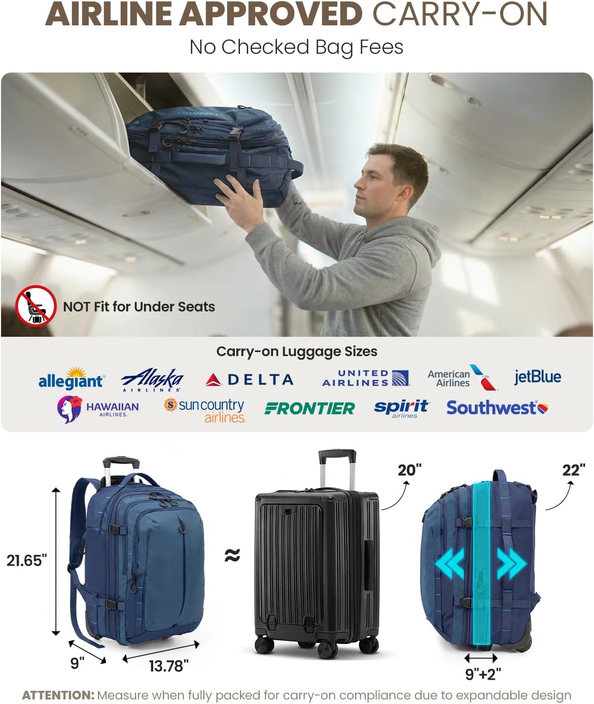 Fanwoli Rolling Vacuum Backpack Travel with One-Button Compression, 55L Expandable, Water Resistant Carry-On Suitcase Luggage, Ideal for Outdoor/Family/Trips