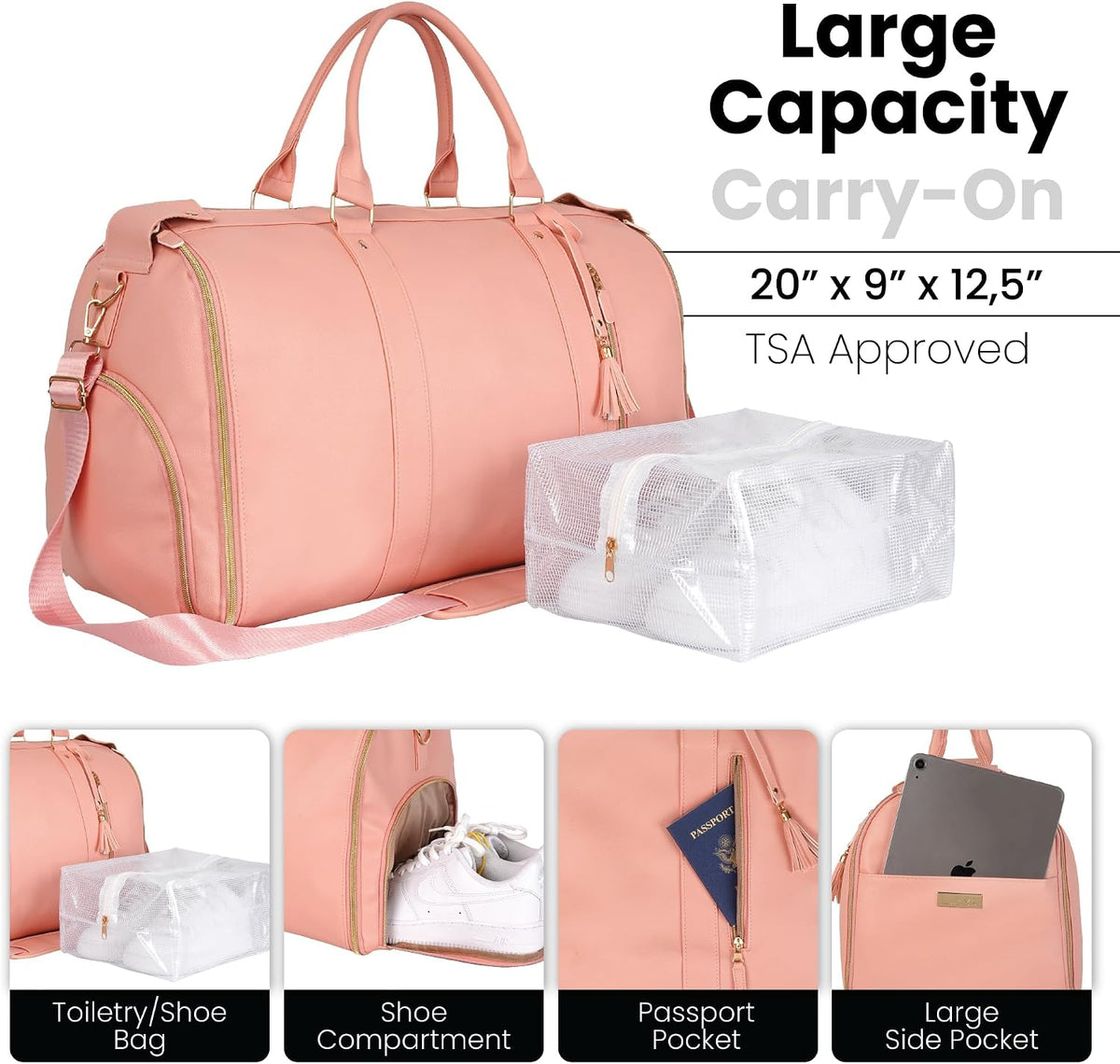 Luhxe Travel Convertible Carry On Garment Roller Bag 2.0 with Shoe Pouch & Detachable Shoulder Strap – Improved Zipper and reinforced straps - Rose