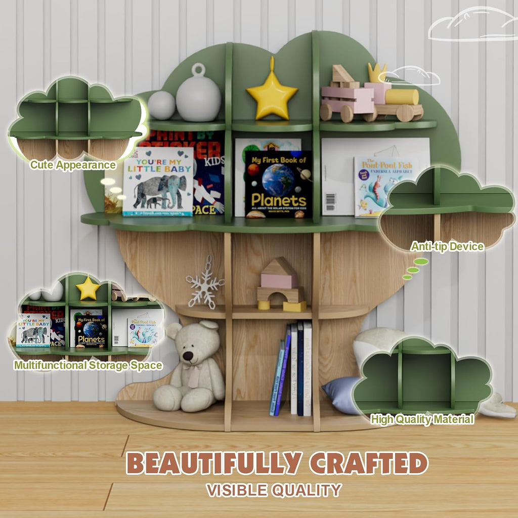 Green Tree Kids Bookshelf Toddler Bookcase 4-Tier Baby Book Rack Children Toy Storage Organizer Forest Wood Display Shelf for Nursery Playroom Bedroom Classroom School Homeschooling Boy Girl's Gift
