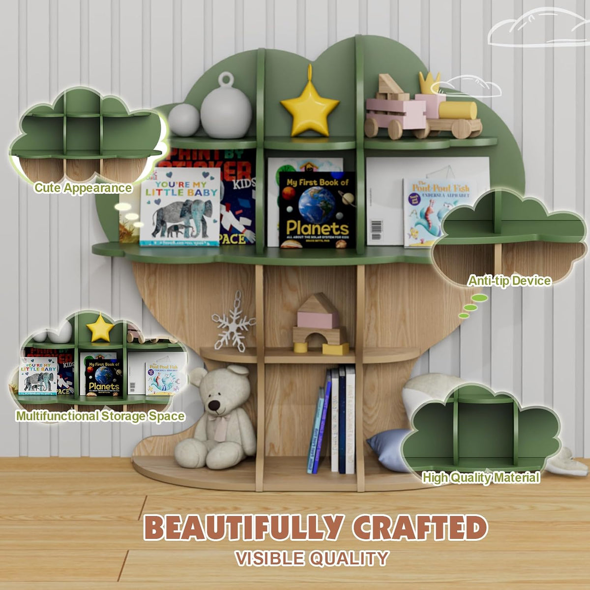Green Tree Kids Bookshelf Toddler Bookcase 4-Tier Baby Book Rack Children Toy Storage Organizer Forest Wood Display Shelf for Nursery Playroom Bedroom Classroom School Homeschooling Boy Girl's Gift