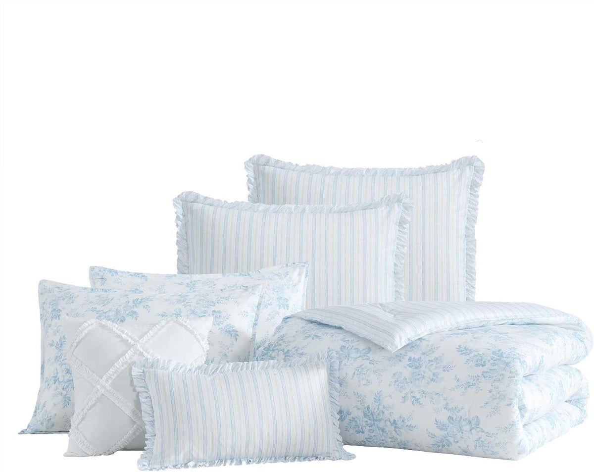 Laura Ashley - Queen Bonus Comforter Set, Soft Reversible Bedding Set, 7 Piece Bed Set with Matching Pillowcases, Euro Shams, & Throw Pillow Covers (Annalise Floral/Dilly Dally Stripe Blue)
