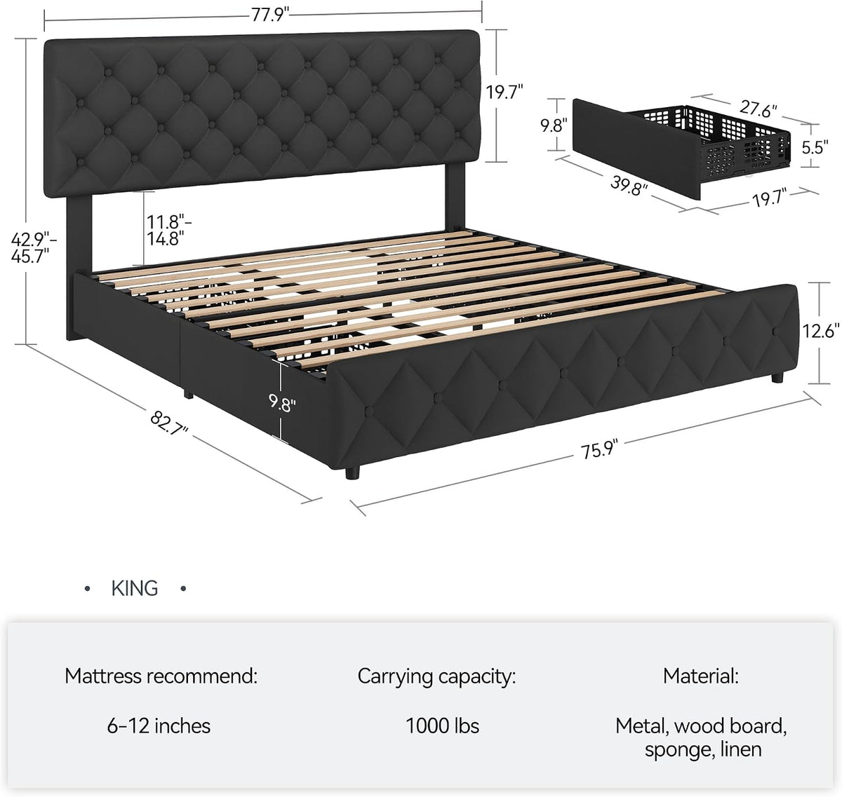 GarveeHome King Size Bed Frame with 4 Storage Drawers and Adjustable Headboard, Linen Upholstered Platform Beds, Diamond Stitched Button Tufted, No Box Spring Needed, Black