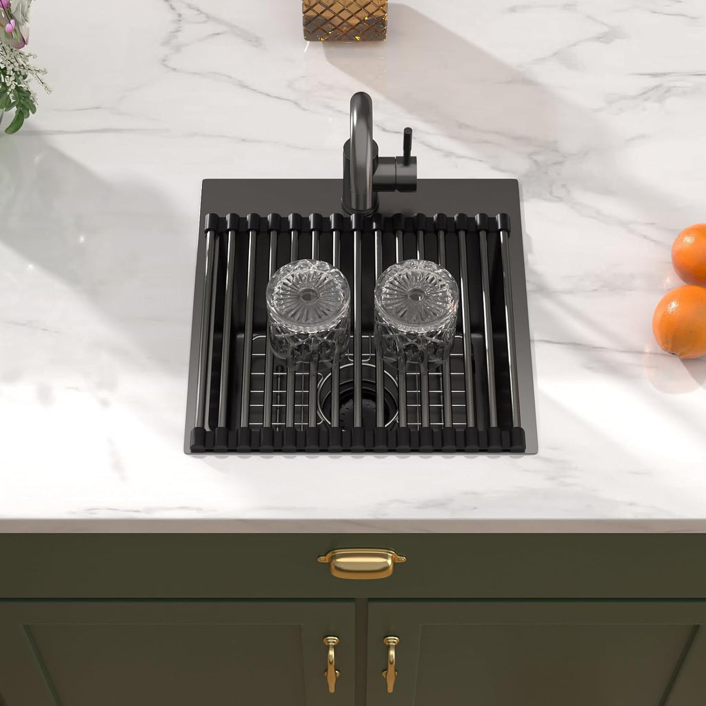 15x15 Inch Black Drop In Bar Sink with Faucet, 16 Gauge T-304 Stainless Steel Single Bowl Wet Prep Sink for Kitchen Bar, RV, Outdoor, and Boat, Gunmetal Black #TLT-0017