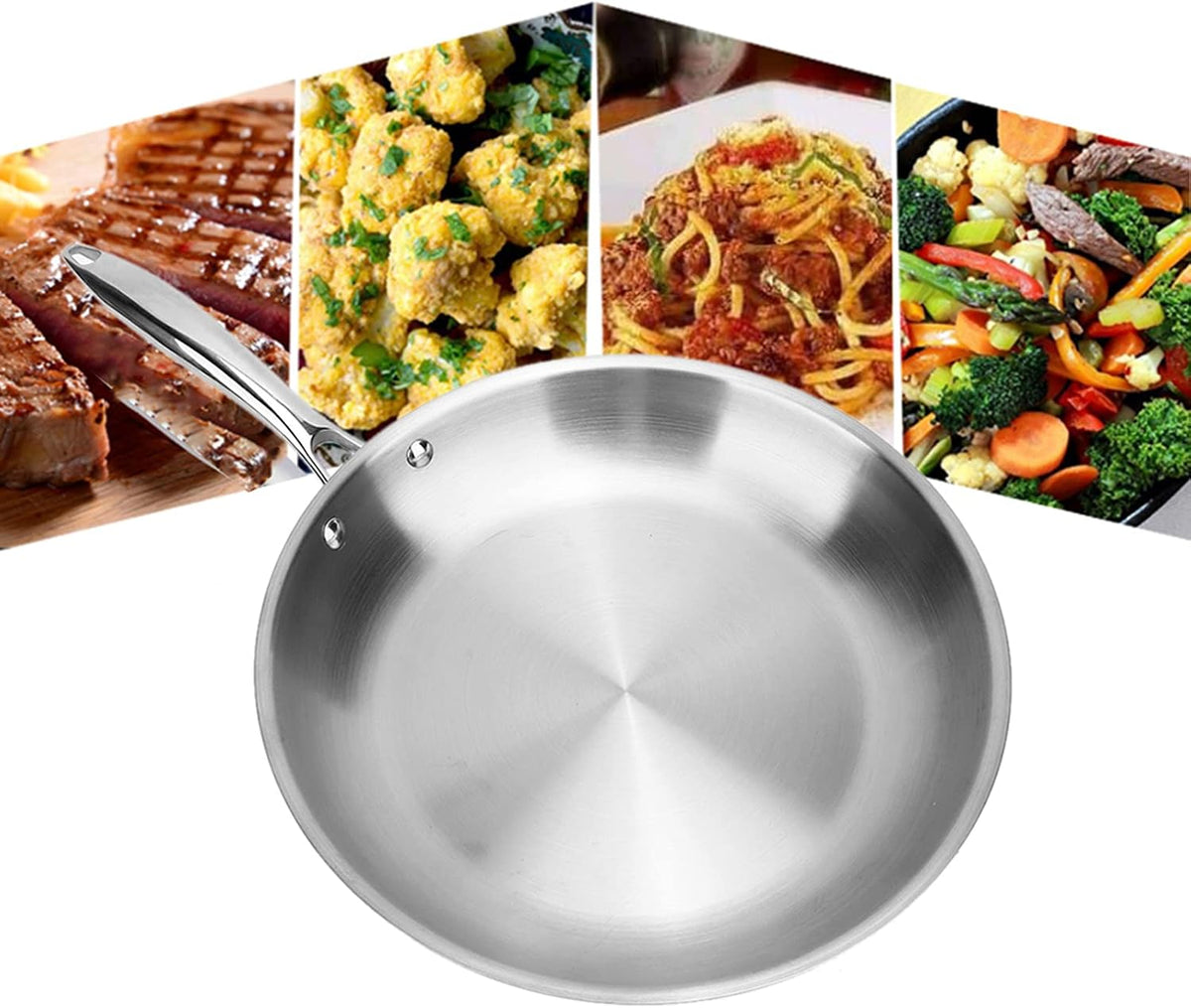 30 x 5cm Stainless Steel Fry Pan 3 Layers Induction Steak Kitchen tensils Composite Bottom Arc Long Handle Stainless Steel pan(