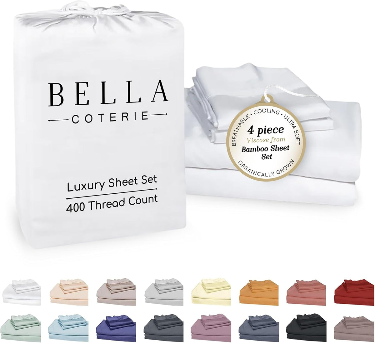 Bella Coterie Luxury Bamboo Viscose Full Size Sheet Set | 100% Organically Grown | Ultra Soft | Cooling for Hot Sleepers | 18' Deep Pocket [White]