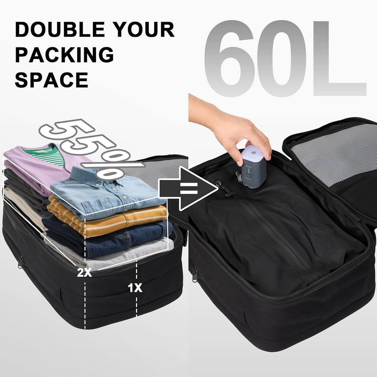 Vacuum Seal Travel Backpack 60L – Air Compression System, Water-Resistant Carry-On Backpack with TSA Lock, 17' Laptop Compartment, Vacuum Pump Included for Travel, Business - Black