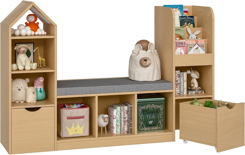 Befrases 55.12''Kids Bookshelf with Reading Nook, Toy Storage Organizer with Seat Cushion and 2 Movable Drawers, Kids Bookcase Toy Organizers with 7 Storage Cubbies, for Playroom, Bedroom, Oak