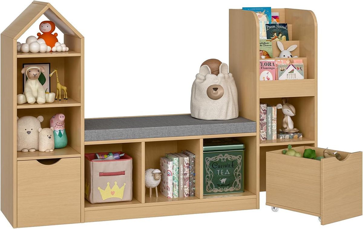 Befrases 55.12''Kids Bookshelf with Reading Nook, Toy Storage Organizer with Seat Cushion and 2 Movable Drawers, Kids Bookcase Toy Organizers with 7 Storage Cubbies, for Playroom, Bedroom, Oak