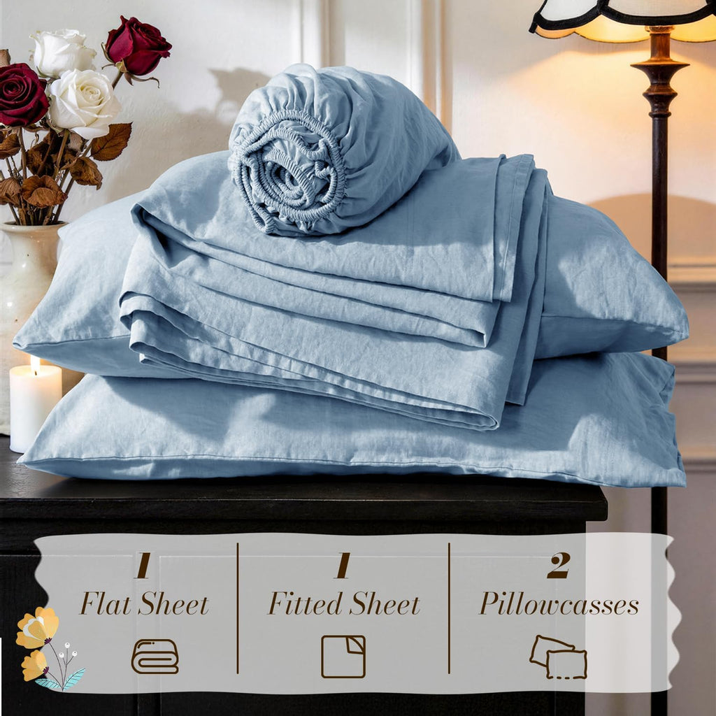SONORO KATE 100% French Pure Linen Sheets, Breathable and Durable Linen King Size Sheets, Anti-Tear Linen Bed Sheets, Machine Washable, 16 Inch Deep Pocket - 4 Piece (Dusty Blue, King)