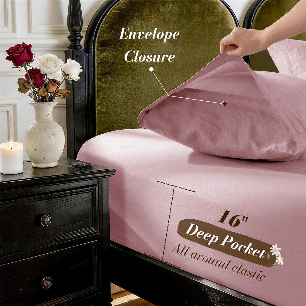 SONORO KATE 100% French Pure Linen Sheets, Breathable and Durable Linen King Size Sheets, Anti-Tear Linen Bed Sheets, Machine Washable, 16 Inch Deep Pocket - 4 Piece (Embroidery Purple, King)
