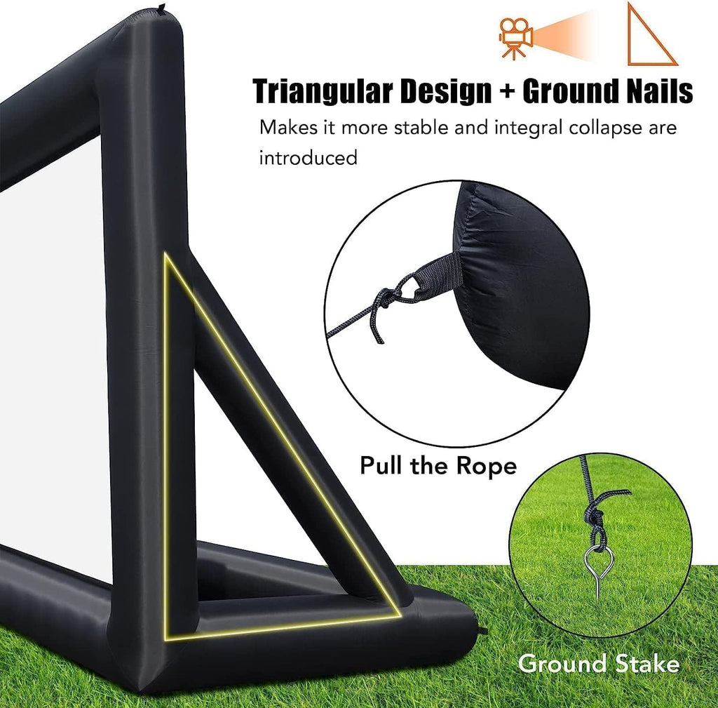 14FT/4.9m Rapid-Deployment Cinema Screen，250W Turbocharged Inflation System & Paracord 500-lb Tensile Straps，Dual-Surface 90% for Sports Events, Commercial Campgrounds, Mobile Cinemas