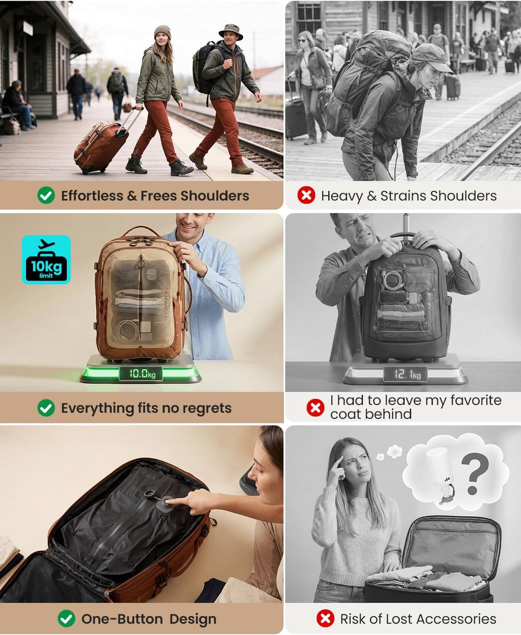 Fanwoli Rolling Vacuum Backpack Travel with Wheels, One-Button Compression, 60L Expandable Carry-On Suitcase Luggage, 18'' Laptop Compartment for Outdoor/Family/Business Trips