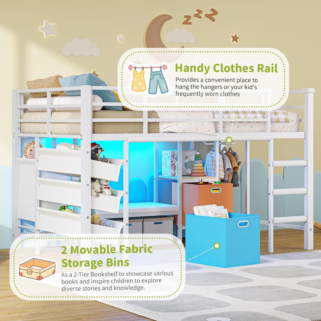 DICTAC Low Loft Bed Twin Size with Reading Corner Metal Twin Loft Bed with LED Lights,Sling Drawers and Bookshelf,loft Bed with Storage Basket and Bins,13.98' H Safety Guardrail and Stairs,White