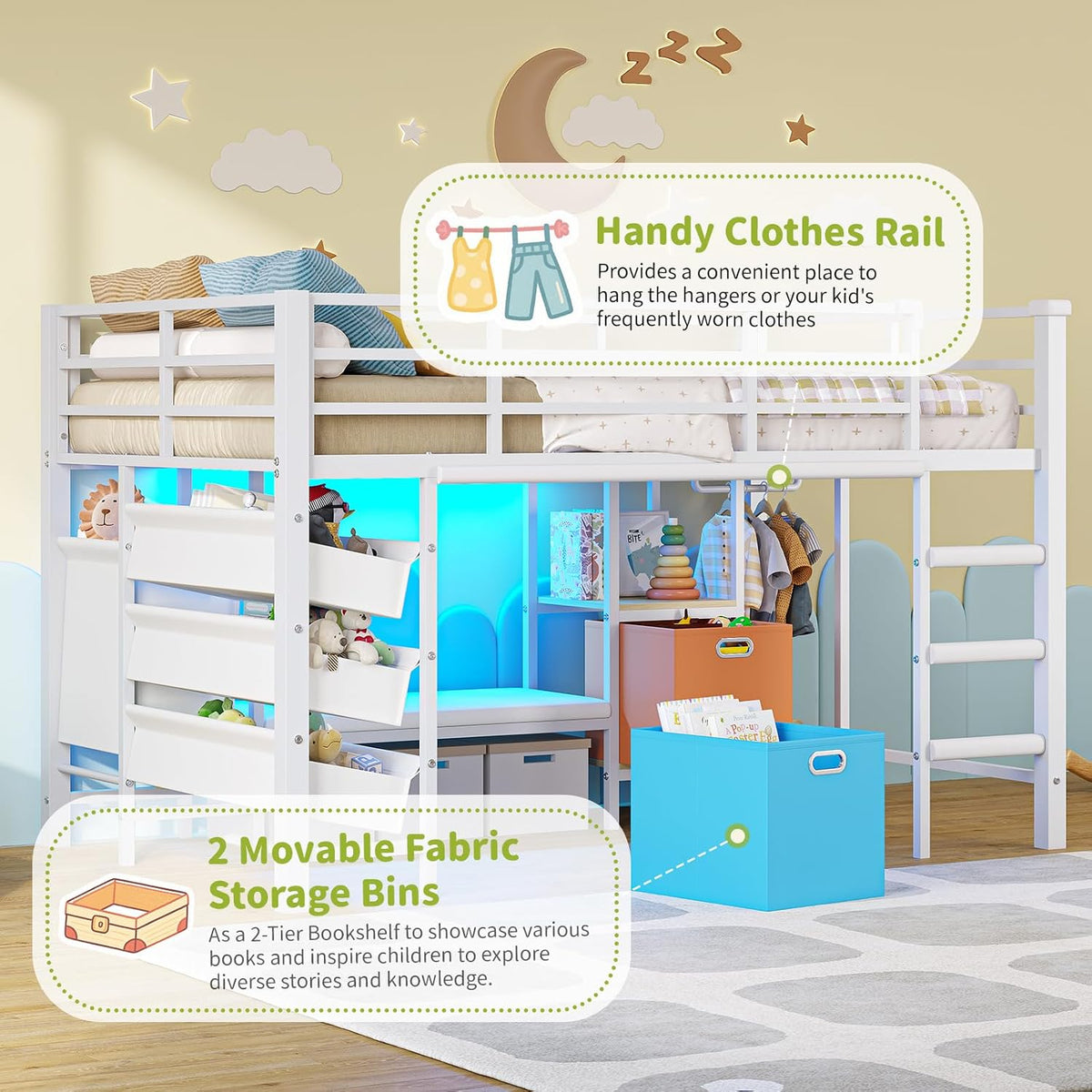 DICTAC Low Loft Bed Twin Size with Reading Corner Metal Twin Loft Bed with LED Lights,Sling Drawers and Bookshelf,loft Bed with Storage Basket and Bins,13.98' H Safety Guardrail and Stairs,White