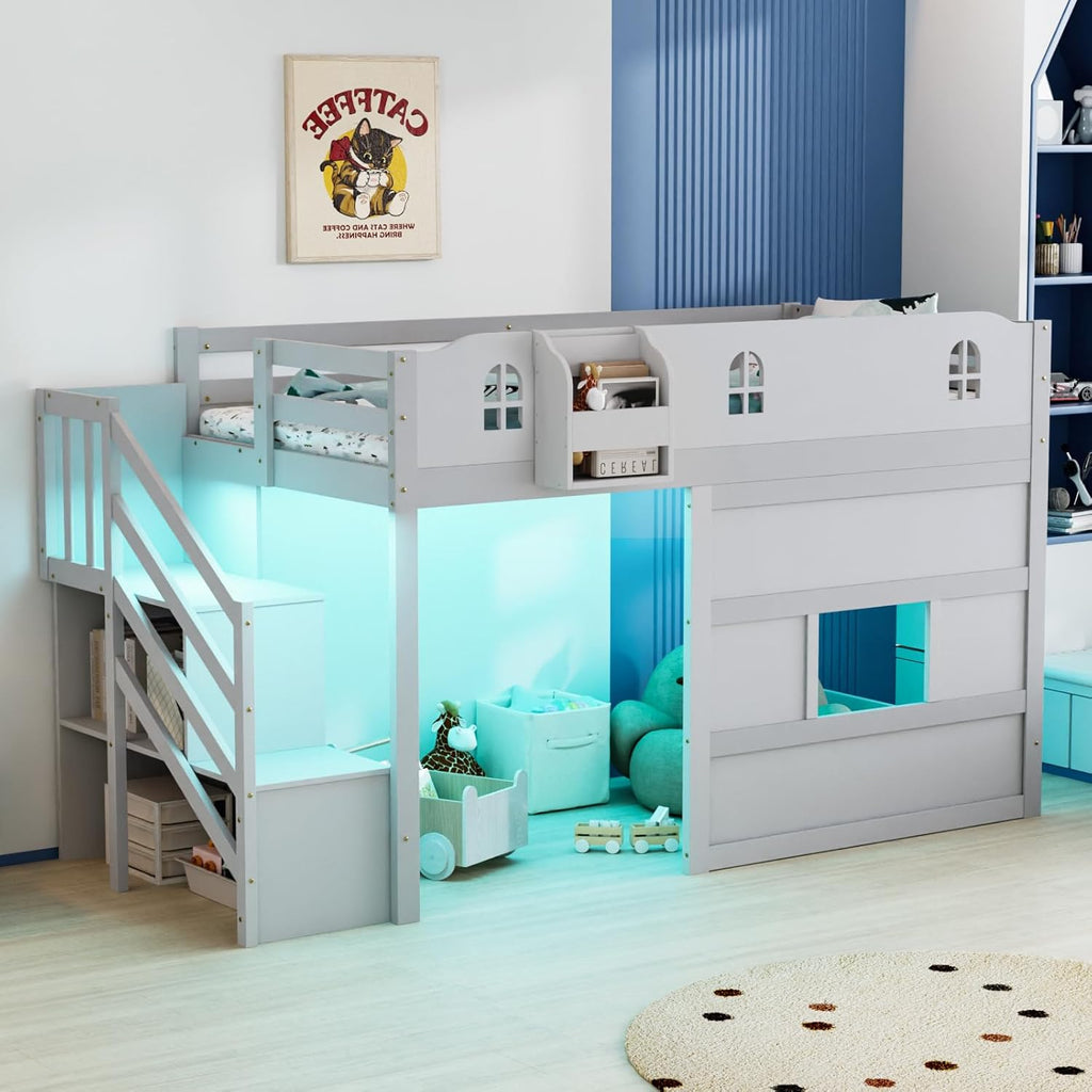 JOYMOR Low Loft Bed with LED Lights, Twin Loft Bed with Stairs, Safety Guardrail, Curtain, Wooden Bed Frame for Kids with Storage Staircase and Under-Bed Play Space,Smoky Gray