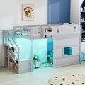 JOYMOR Low Loft Bed with LED Lights, Twin Loft Bed with Stairs, Safety Guardrail, Curtain, Wooden Bed Frame for Kids with Storage Staircase and Under-Bed Play Space,Smoky Gray