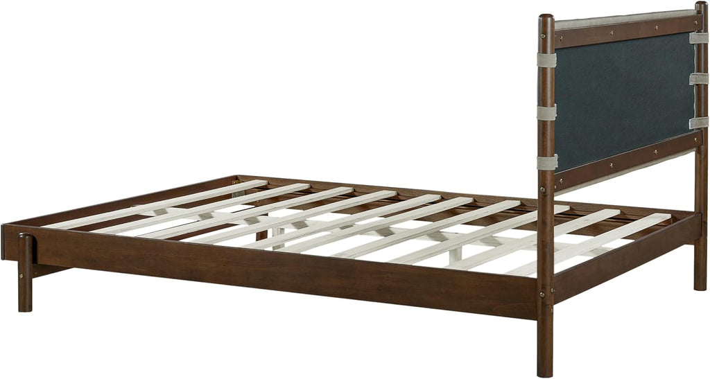 Queen Bedroom Set, Queen Size Platform Bed Frame with 2 Bedside Tables and Headboard Included, Mid Century Modern Wood Bed Frames, Slat Support (Light Gray + Walnut, Queen)