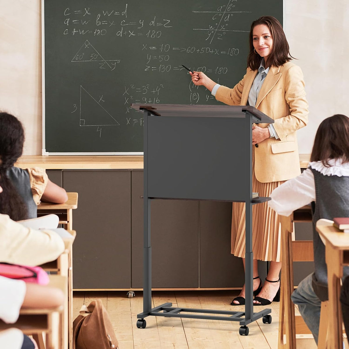 Tangkula Rolling Podium Stand, 3-Position Height Adjustable Lectern Table with Tilted Tabletop, Mobile Laptop Cart with Storage Shelf, Lockable Casters, Ideal for Classroom, Office (2, Walnut)