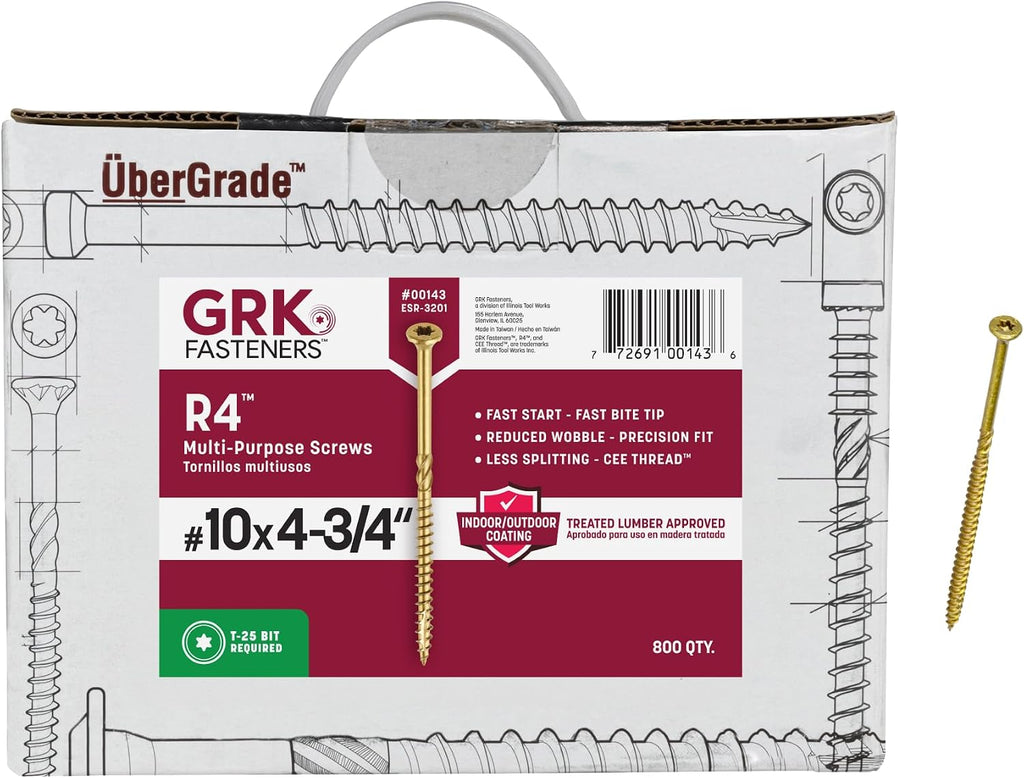GRK Fasteners R4 #10 x 4-3/4 Inch, Multi-Purpose Framing Screws, 800 PCS, Rust Resistant Climatek Coating, Outdoor Fencing and Deck Screws, Fast Bite Tip, Star Drive Recess, Gold
