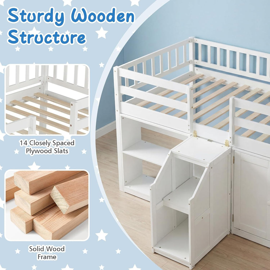 Giantex Low Loft Bed Twin Size with LED Lights, Wooden Bed Frame w/Stairs, Safety Guardrails, Storage Cabinet, Bookshelf & Under-Bed Play Space, Modern Kids Loft Bed for Boys Girls (White)