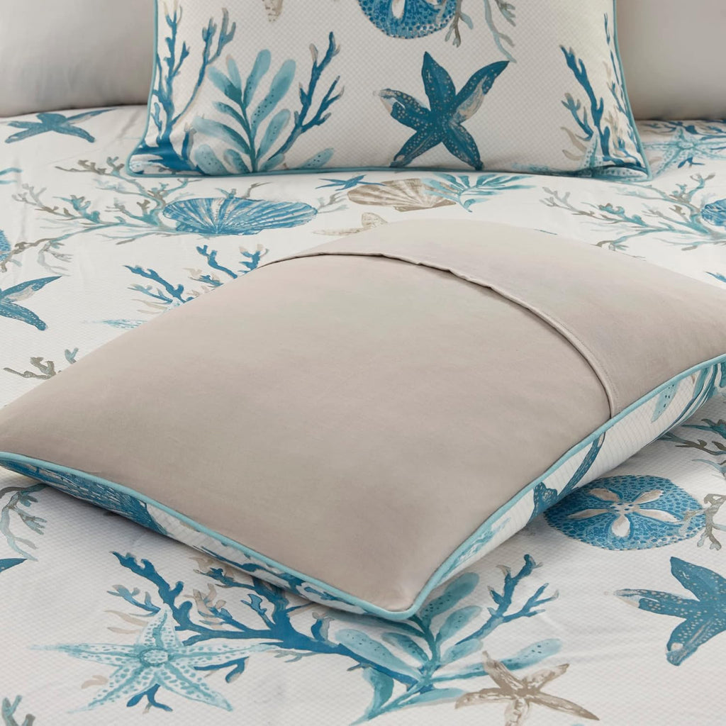 Madison Park Pebble Beach Cotton Duvet Set - Coastal, Starfish, Sealife Design, All Season, Breathable Comforter Cover Bedding, Matching Shams, Decorative Pillows, Aqua Full/Queen(90'x90') 6 Piece