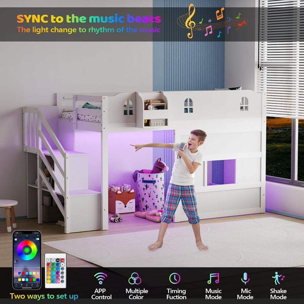 JOYMOR Low Loft Bed with LED Lights, Twin Loft Bed with Stairs, Safety Guardrail, Curtain, Wooden Bed Frame for Kids with Storage Staircase and Under-Bed Play Space,Pure White
