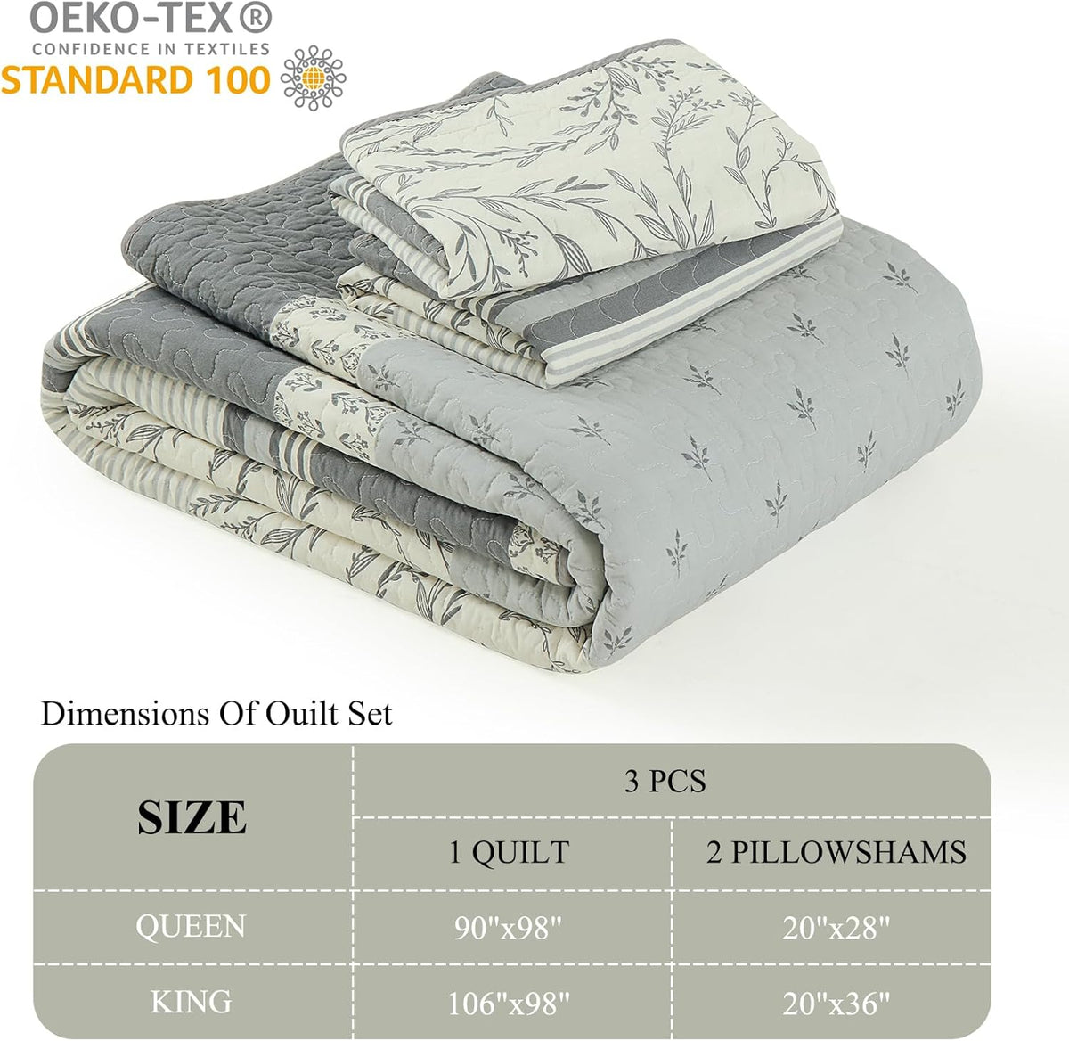 DDUOXIN 100% Cotton King Quilt - Modern Stripe King Size Quilt with 2 Pillow Shams, Bedspread Reversible Lightweight Comforter Bedding Set for All Seasons, Gray Quill/Harbor Mist/Star White