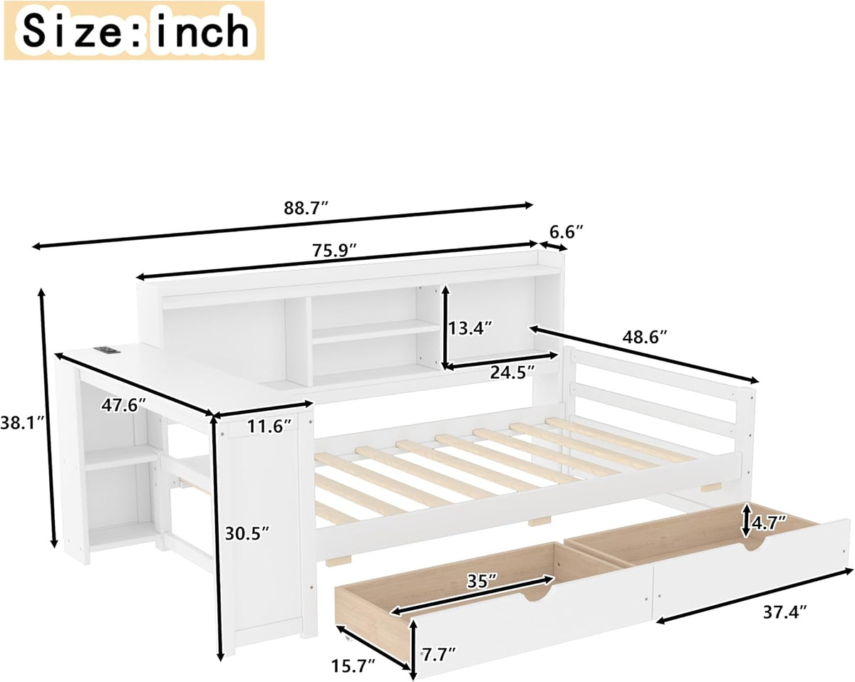 SOFTSEA Twin Size Daybed with Desk & Storage, Wood L-Shaped Corner Bed Frame with Drawers, Shelves and Charging Station or Living Room, Guest Room, White