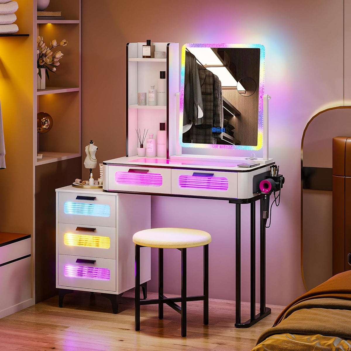 Gurexl RGB Makeup Vanity Desk with Wireless Charging Station, LED Vanity Make up Set with Visible Desktop,7 Dynamic and 7 Static Dimmable Vanity Table Set with Stool & 6 Drawers, Gift for Little Girls