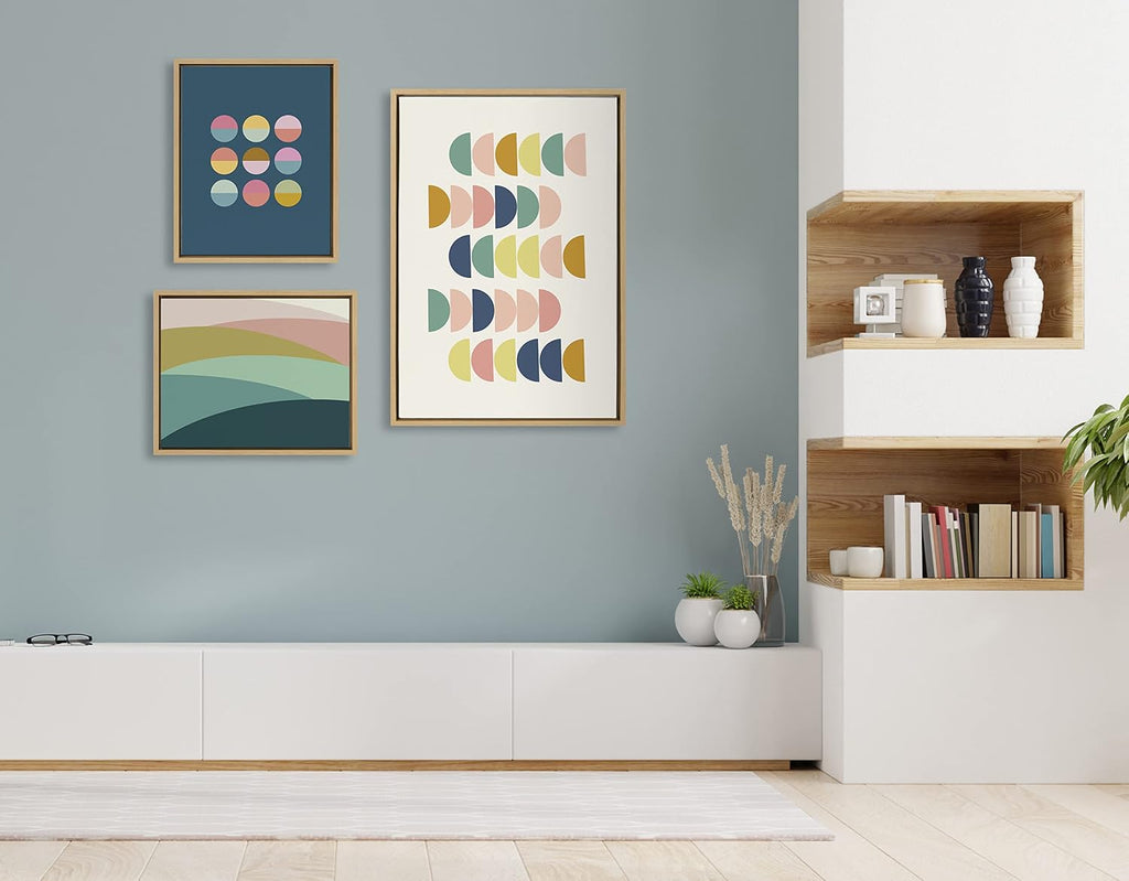 Kate and Laurel Sylvie Simple Shapes in Soft Colors Framed Canvas Wall Art Set by Apricot and Birch; Set of 3; two 16x20 and one 23x33 Natural Finish Frames; Decorative Abstract Art Set for Wall