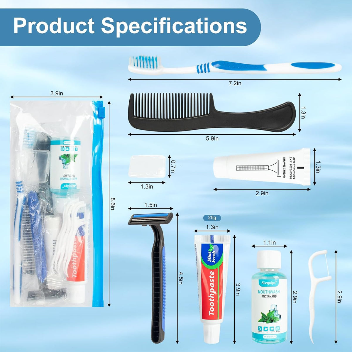 Travel Toothbrush Kit Bulk Disposable Toothbrush with Toothpaste Set with Mouthwash,Toothpaste,Shaver,Shaving Cream,Comb,Zip Bag,Floss Picks,Toothbrushes for Homeless Travel (100)