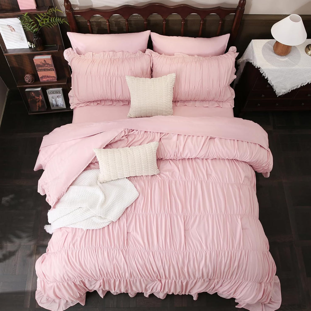 Herside Pink Ruffle Comforter Set King Size,9 PCS Ruched Bedding Bed-in-a-Bag Pleated Ruffle Bedding Set,Shabby Chic Boho Soft and Fluffy Comforter Vintage Bedding for All Season Home Decor | Ruffle Ruched