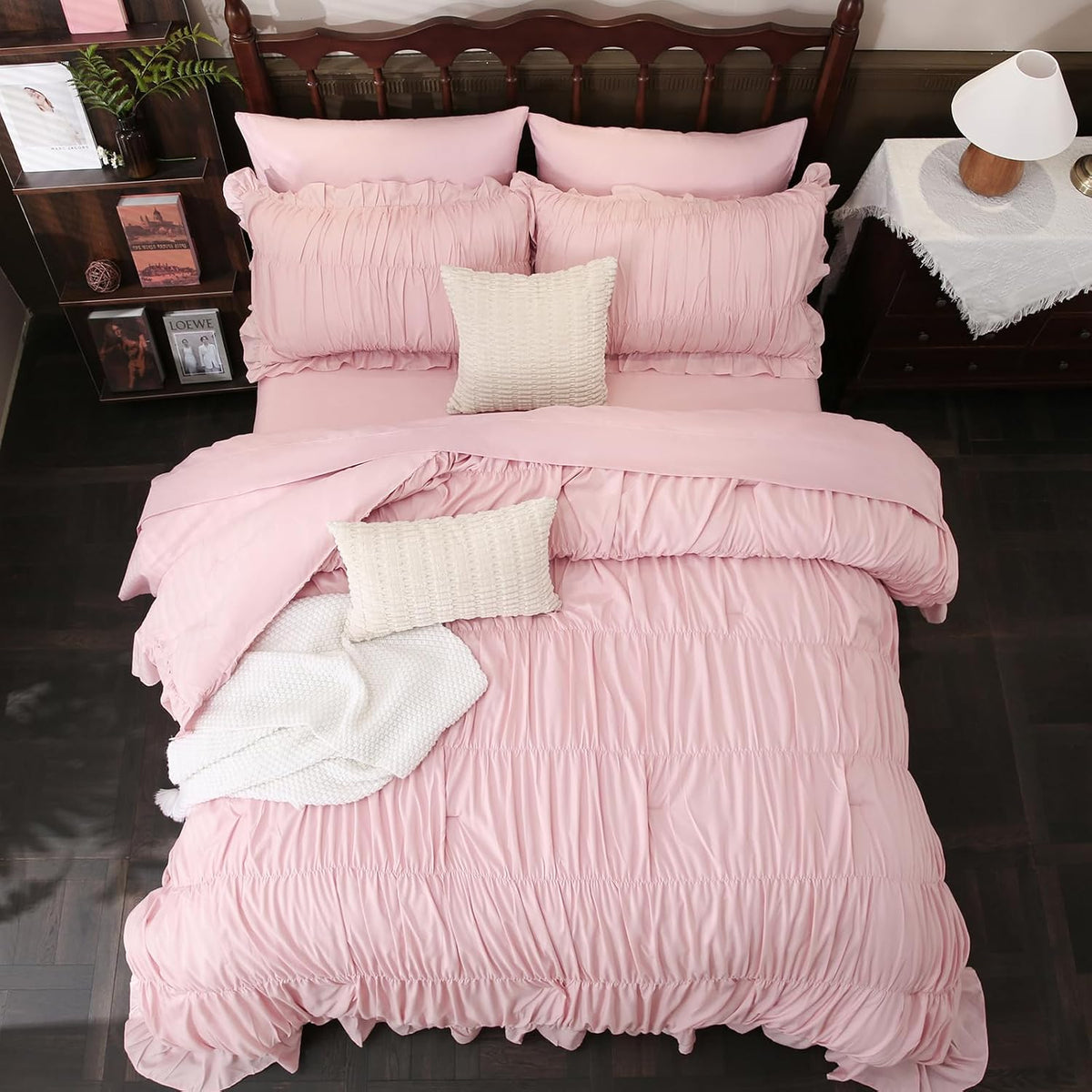 Herside Pink Ruffle Comforter Set King Size,9 PCS Ruched Bedding Bed-in-a-Bag Pleated Ruffle Bedding Set,Shabby Chic Boho Soft and Fluffy Comforter Vintage Bedding for All Season Home Decor | Ruffle Ruched