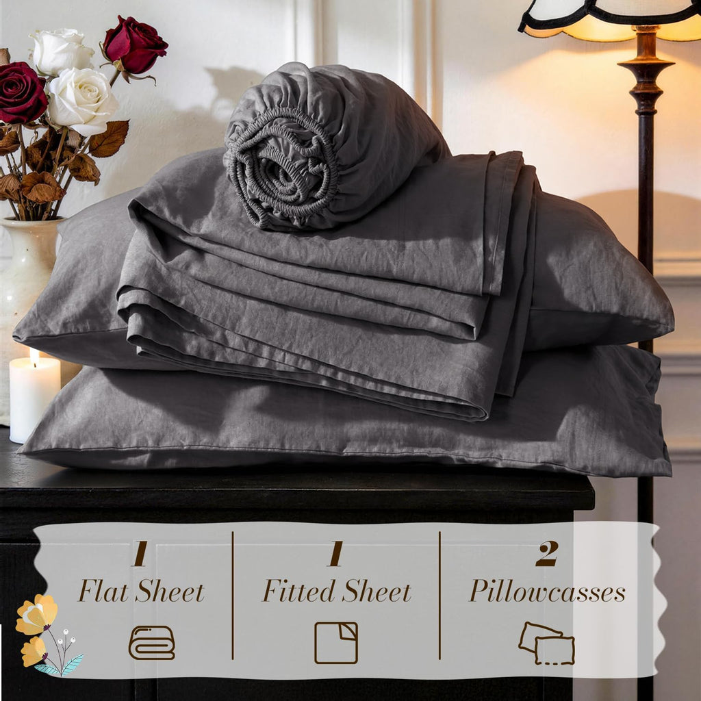 SONORO KATE 100% French Pure Linen Sheets, Breathable and Durable Linen King Size Sheets, Anti-Tear Linen Bed Sheets, Machine Washable, 16 Inch Deep Pocket - 4 Piece (Dark Grey, King)