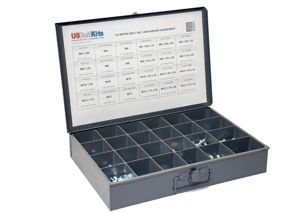1250 Piece Metric 8.8 Nut, Bolt, and Washer Assortment with Coarse Thread Hex Head Cap Screws, Flat and Lock Washers, Hex Nuts Kit