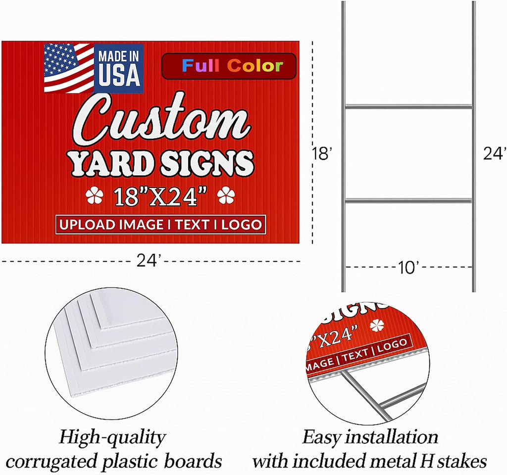 24'X18'Pack of 100, Custom Yard Signs | Double Sided,4mm Weatherproof Corrugated Plastic, with Metal 'H' Stake,Outdoor Customizable Sign Cutout, Made in USA