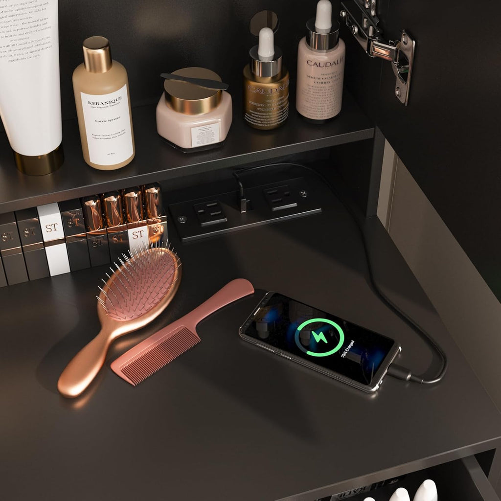 Vabches Vanity Makeup Mirror Desk with Stool,Makeup Vanity Set with 6 Drawers and Shelves,Dressing Table with Power Strip, 3 Color Modes Available,Black