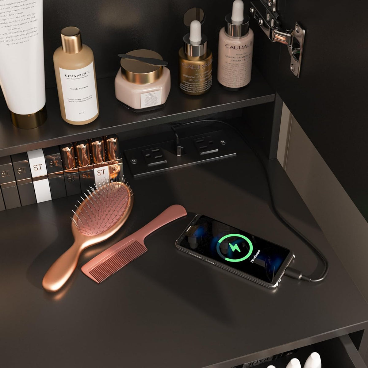 Vabches Vanity Makeup Mirror Desk with Stool,Makeup Vanity Set with 6 Drawers and Shelves,Dressing Table with Power Strip, 3 Color Modes Available,Black