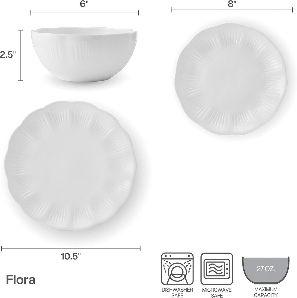 Mikasa Flora Scalloped Lightweight Chip Resistant Bone China 12 Piece Plate Bowl Dinnerware Set, Service for 4, White