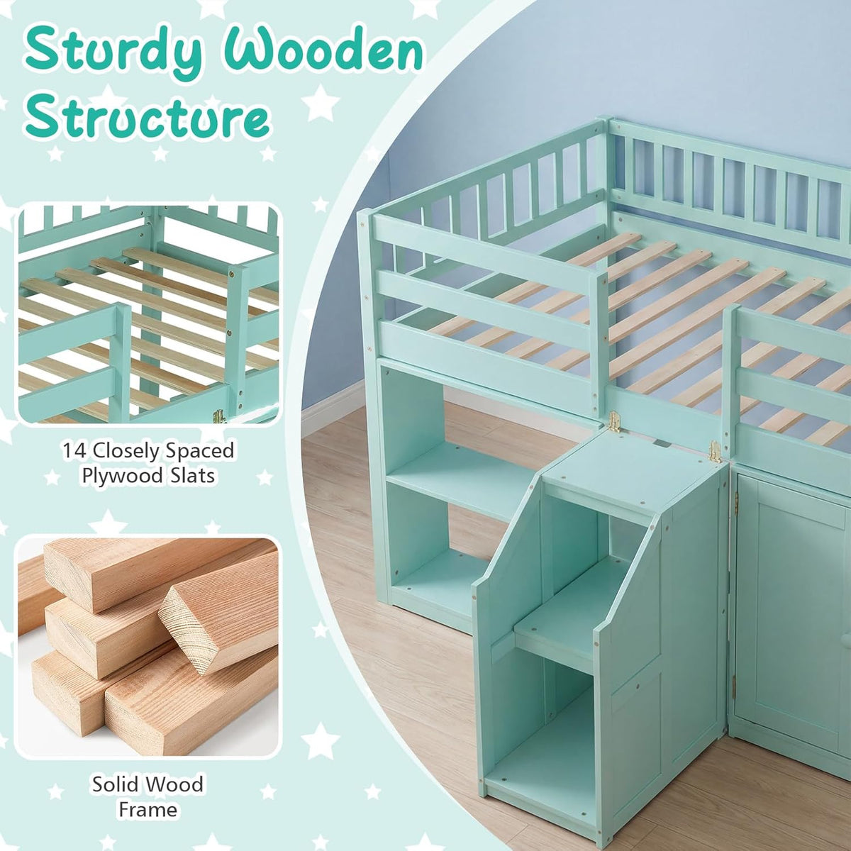 Giantex Low Loft Bed Twin Size with LED Lights, Wooden Bed Frame w/Stairs, Safety Guardrails, Storage Cabinet, Bookshelf & Under-Bed Play Space, Modern Kids Loft Bed for Boys Girls (Mint Green)