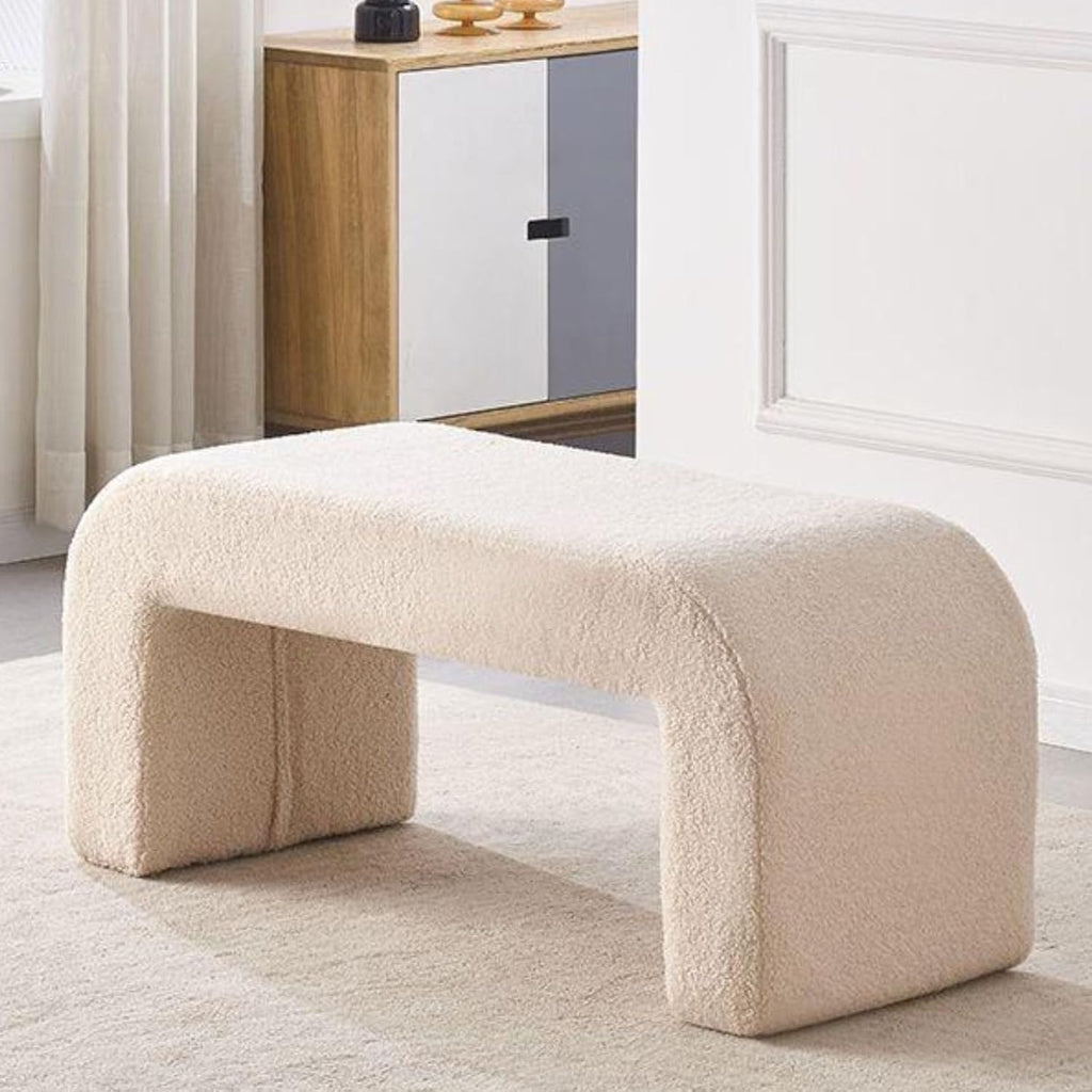 Fuzzy Sherpa Upholstered Ottoman Bench for Living Room Bedroom Entryway Modern Fabric Arched Vanity Bench End of Bed Stools Dark Green(Beige-Large)