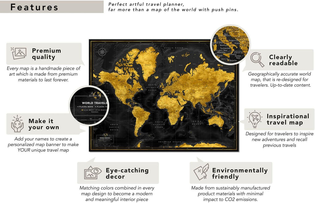 World map with pins to mark travels - World Map pinboards for globetrotters & and travel-themed interiors (32 x 24, Midnight Gold)