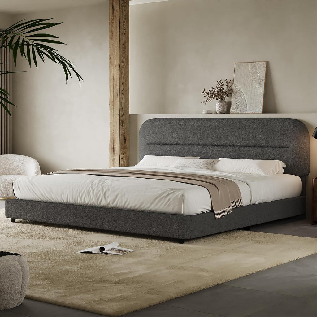HOMBCK King Size Bed Frame, Boucle Upholstered Bed Frames and Headboard, Soft Bed Frame King with Thickened Footboard, Rounded Corners, No Box Spring Needed, Easy Assembly, Grey