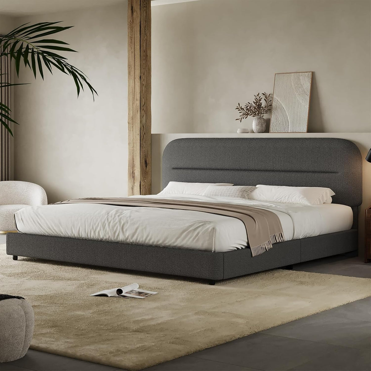 HOMBCK King Size Bed Frame, Boucle Upholstered Bed Frames and Headboard, Soft Bed Frame King with Thickened Footboard, Rounded Corners, No Box Spring Needed, Easy Assembly, Grey