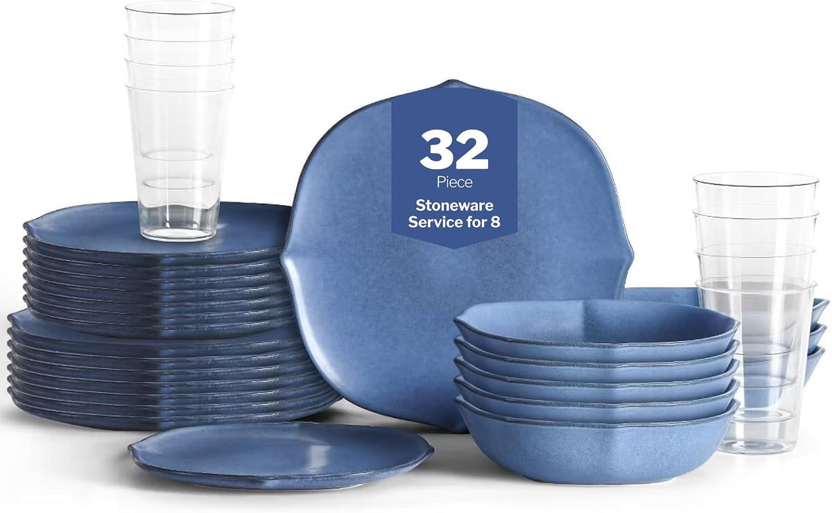 Stone Lain Baskerville 32-Piece Dinnerware Set Stoneware, Borosilicate Glass, Blue