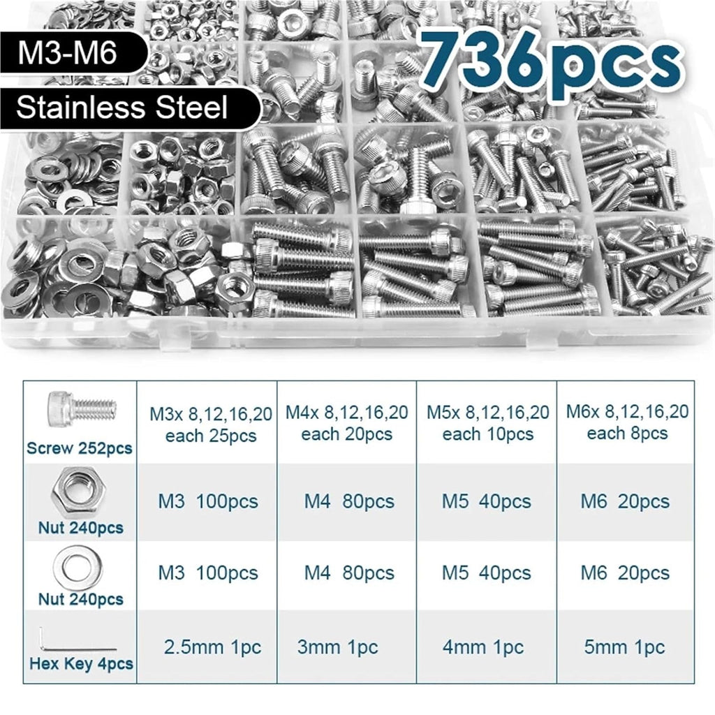 Nuts and Bolts 1403/736pcs Hex Socket Cap Head Screw Bolt Nut Set M2 M4 M5 M6 Stainless Steel Hexagonal Allen Bolts Assortment Kit for Furniture(736pcs Set)