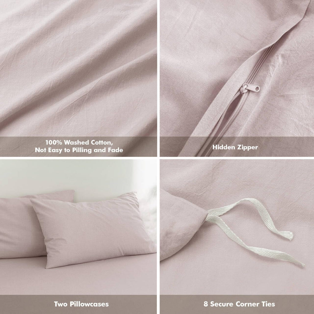 FOSSA Duvet Cover Set 100% Washed Cotton Linen Feel Super Soft Breathable Cozy 3 Pieces Bedding Sets Solid Greyish Pink Super King Plus
