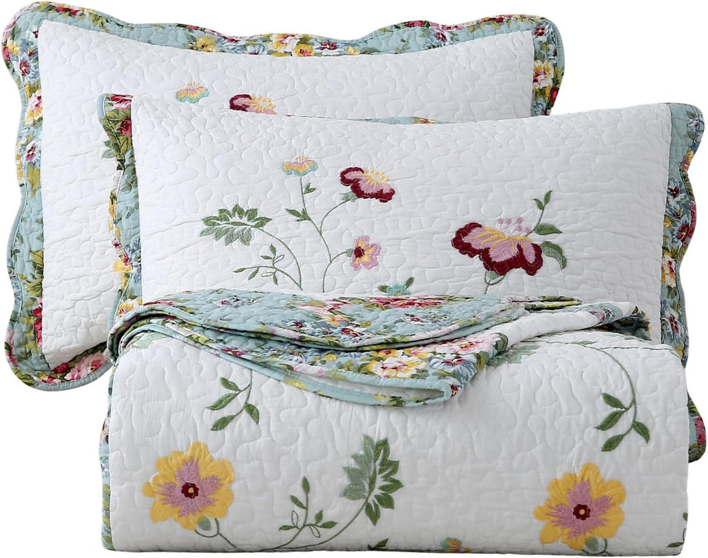 vctops 3-Piece Elegant Floral Embroidered Bedspread Coverlet Set Oversize Queen 100% Cotton Reversible Patchwork 1 Quilt and 2 Pillow Shams (Flower G,Oversize Queen)